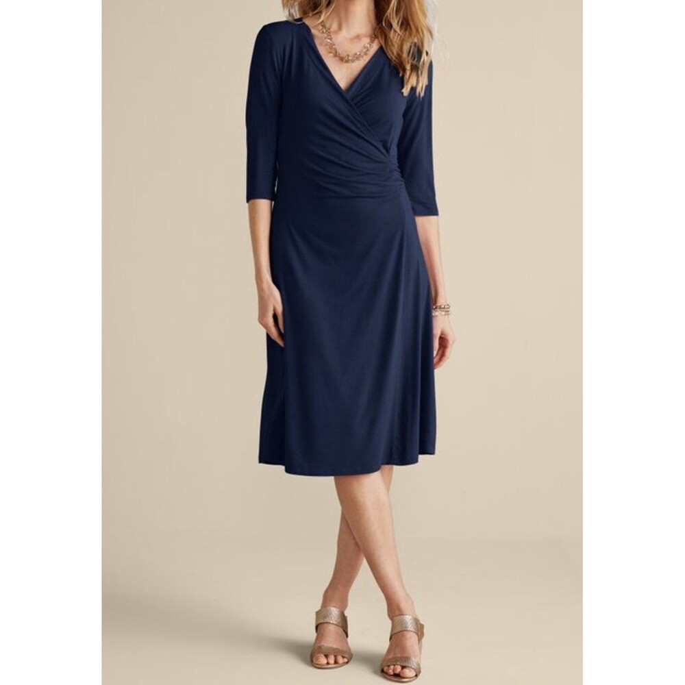 Soft Surroundings Dress Navy Blue Hyannis Wrap Casual Work Office Petite XL NEW